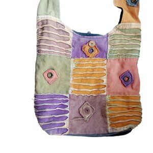 Colorful Patchwork Boho Hippie Shoulder Bag With Button Accents & Zipper Closure